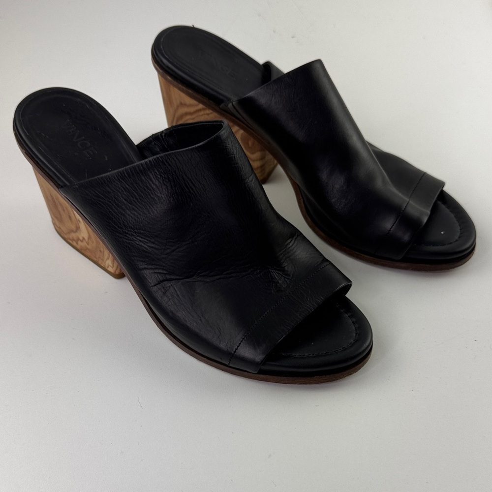 Vince Black Leather Mules with Wooden Heel